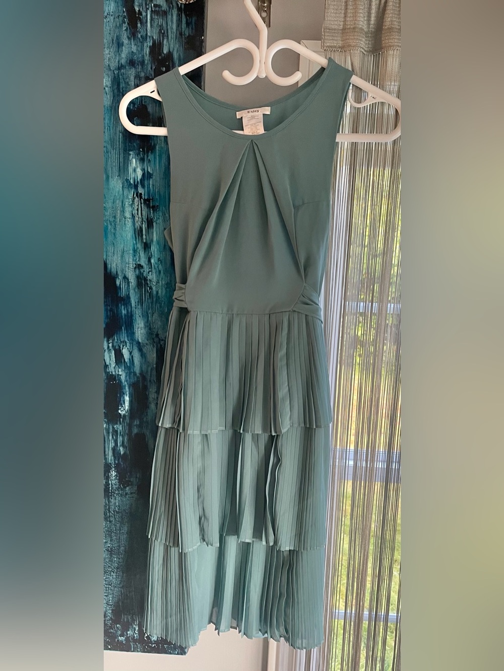 Esley Sage Green Tiered Pleated Cocktail Dress